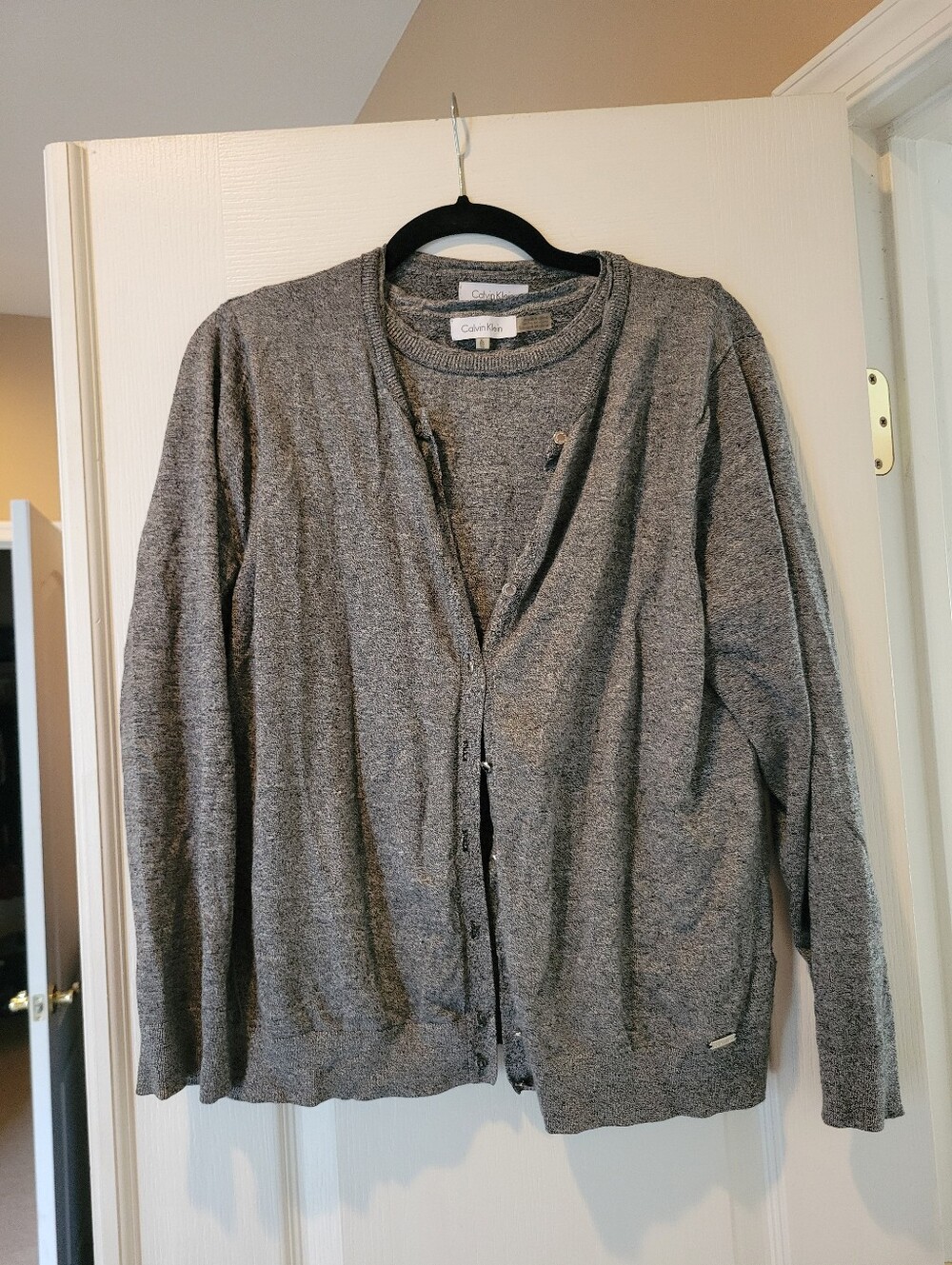 Calvin Klein Gray Heather Knit Cardigan & Tank Top 2 Pc Sweater Twin Set Size XL